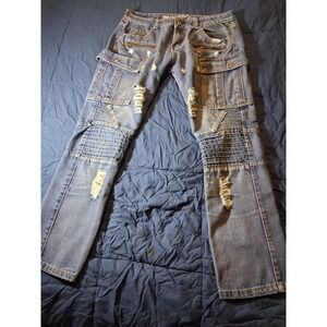 Trillnation‎ Moto Jeans Mens 34x30 Bleach Dyed Ribbed Streetwear Tapered Fit